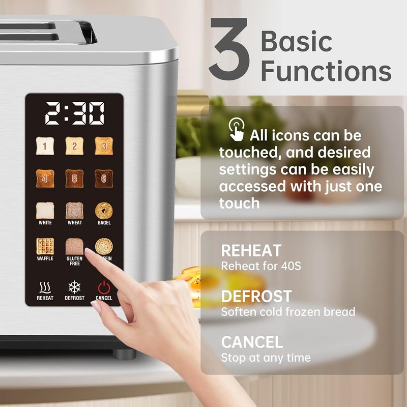 SEEDEEM Toaster 2 Slice, Touch Control Screen, Smart Stainless Toaster, 6 Shade Setting, 6 Bread Selection, Countdown, Removable Crumb Tray, 900W, Silver Metallic - Image 2